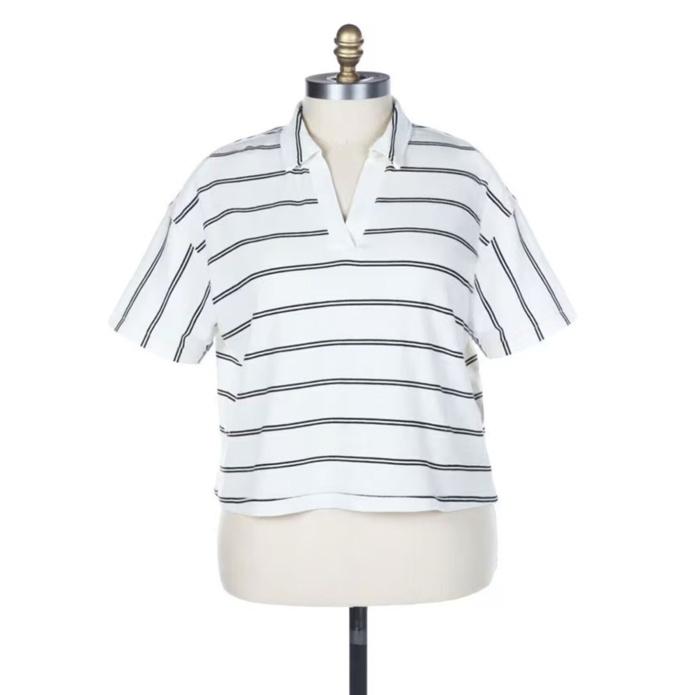 Thread & Supply Stripe Terry Popover Shirt Plus Size White Black V-Neck‎ 1X 1XL